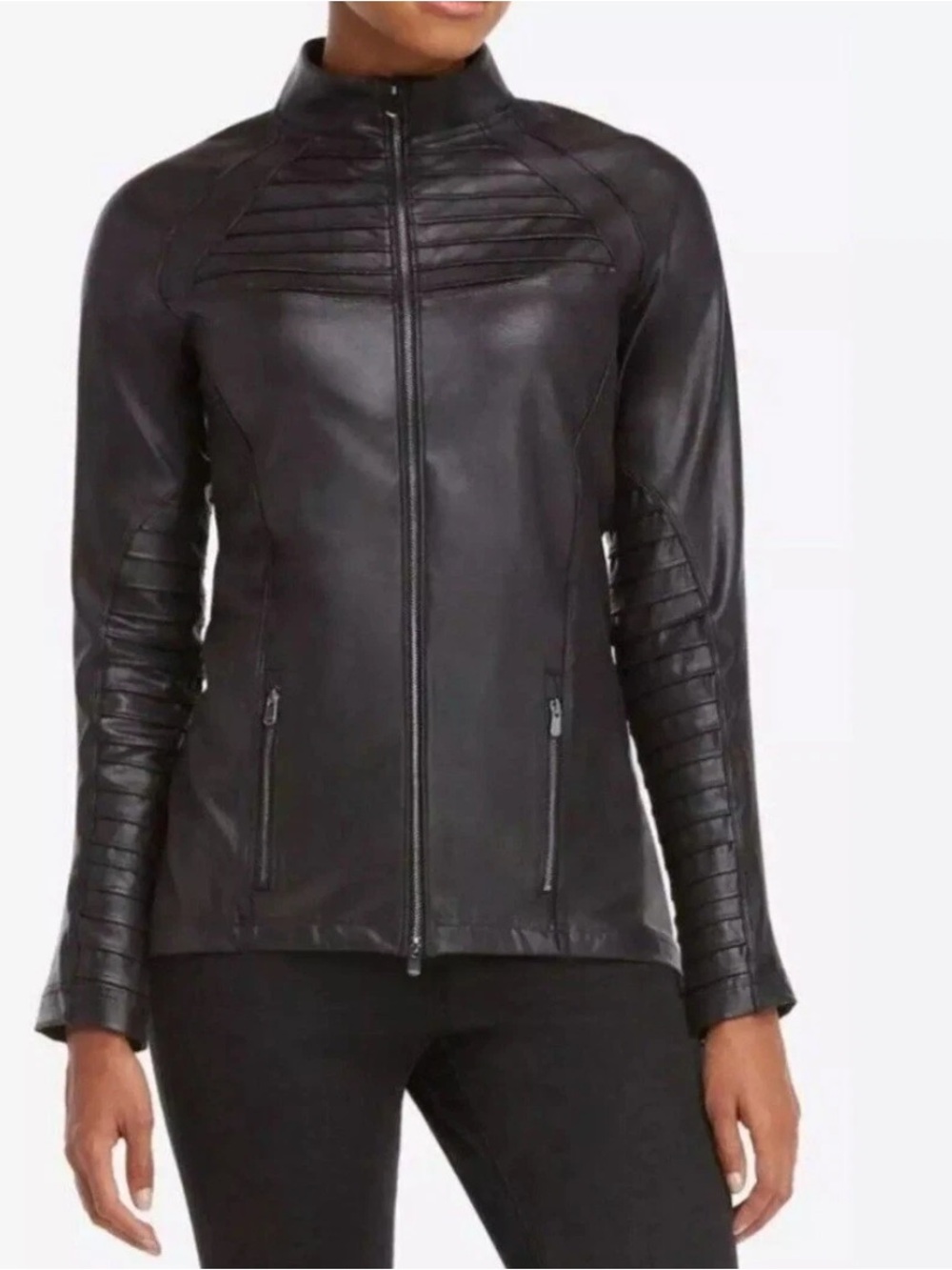 Spanx Faux Leather Moto Jacket Women’s  Size XS Ribbed Stretch Fit Zip Pockets